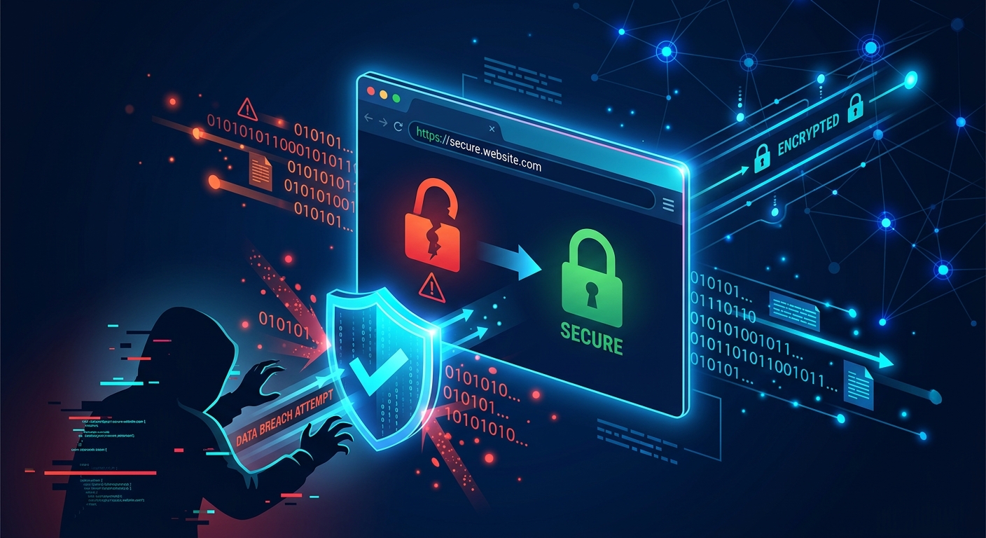 A sleek editorial illustration of cybersecurity and web protection: a glowing browser window floats in a dark digital space, showing an address bar with a padlock icon transitioning from an open, red, broken lock labeled with a warning triangle to a closed, green, secure lock. Streams of binary code and data particles flow across the scene, some intercepted by a shadowy silhouette representing a hacker, while a protective blue shield deflects the threat. In the background, abstract network nodes and encrypted data lines pulse with light, symbolizing SSL/TLS encryption. The color palette uses deep navy blues, electric cyan accents, and warning reds/oranges for contrast. The style is modern, clean, flat-vector digital illustration with subtle glow effects, conveying trust, technology, and online safety in a professional tech-blog aesthetic.