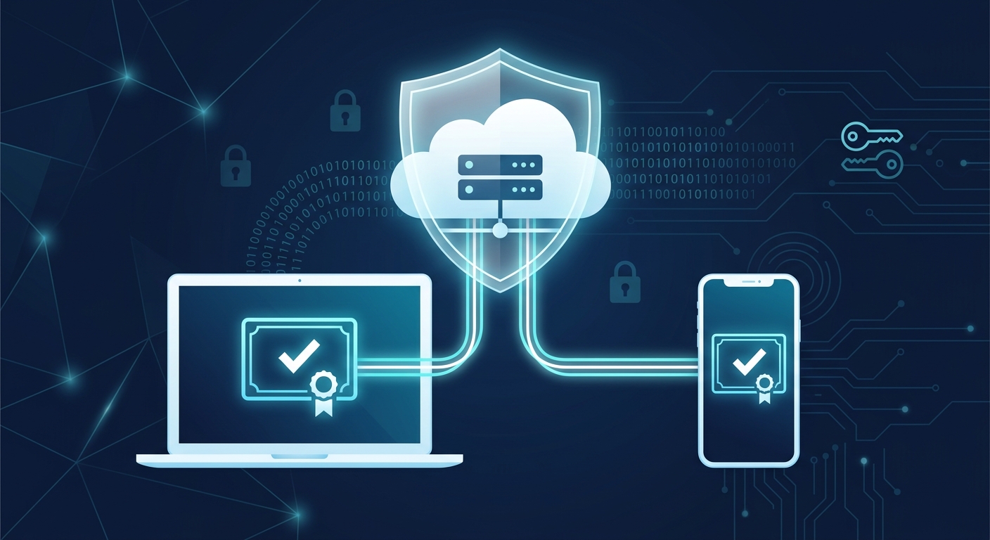 A sleek, modern digital illustration in a cool blue and white corporate color palette depicting network security concepts. Show a stylized laptop and smartphone device each displaying a glowing digital certificate/badge icon with a checkmark, connected via secure encrypted data streams (represented as flowing light lines) to a central cloud server icon protected by a translucent shield. Include subtle visual elements like a padlock, binary code patterns, and key-shaped icons (representing public/private keys) integrated into the background. The composition should feel clean, professional, and tech-forward, with a dark navy background accented by cyan and white glowing lines, conveying trust, authentication, and secure remote access in a corporate IT environment. Minimalist, vector-style editorial illustration, no text or logos.